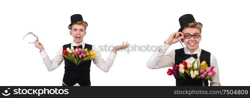 The gentleman with flowers isolated on white. Gentleman with flowers isolated on white