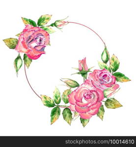The geometric frame is decorated with flowers. Pink roses, green leaves, open and closed flowers. Delicate watercolor illustration.. The geometric frame is decorated with flowers. Pink roses, green leaves, open and closed flowers. Delicate watercolor illustration