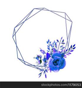 The geometric frame is framed with Blue rose flowers on a white isolated background. Flower poster, invitation. Watercolor compositions for the decoration of greeting cards or invitations. orientation. The geometric frame is framed with Blue rose flowers on a white isolated background. Flower poster, invitation. Watercolor compositions for the decoration of greeting cards or invitations.
