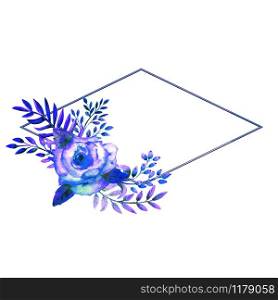 The geometric frame is framed with Blue rose flowers on a white isolated background. Flower poster, invitation. Watercolor compositions for the decoration of greeting cards or invitations. orientation. The geometric frame is framed with Blue rose flowers on a white isolated background. Flower poster, invitation. Watercolor compositions for the decoration of greeting cards or invitations.