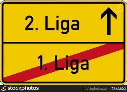 The German words for 1. league and 2. league (1. Liga and 2. Liga) on a road sign