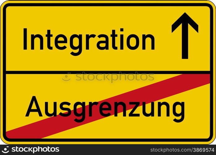 The German words for exclusion and integration (Ausgrenzung and Integration) on a road sign