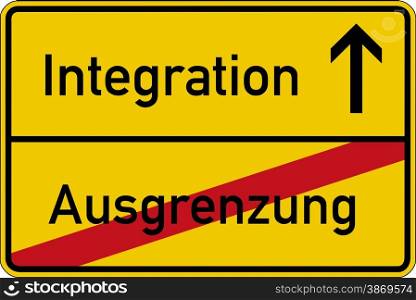 The German words for exclusion and integration (Ausgrenzung and Integration) on a road sign