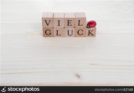 The german words for good luck (Viel Glueck) and ladybugs on wood