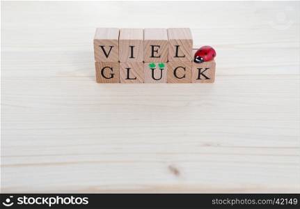 The german words for good luck (Viel Glueck) and ladybugs on wood