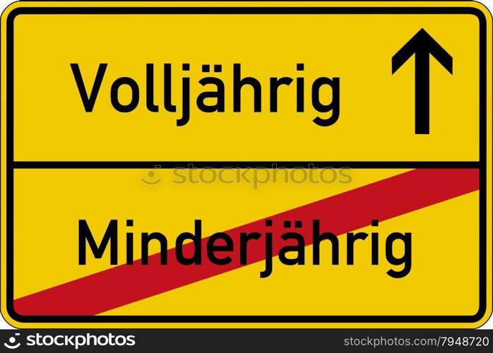 The German words for of age and underage (volljahrig and minderjahrig) on a road sign