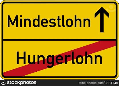 The German words for pittance and minimum wages (Hungerlohn and Mindestlohn) on a road sign