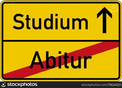 The German words for school leaving examination and studies (Abitur and Studium) on a road sign