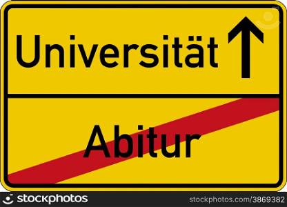 The German words for school leaving examination and university (Abitur and Universitat) on a road sign