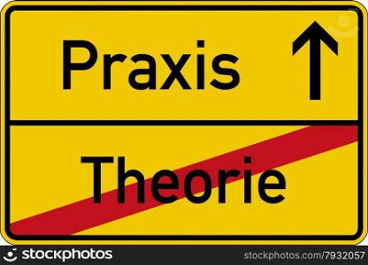 The German words for theory and practice (Theorie and Praxis) on a road sign