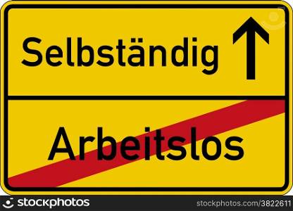 The German words for unemployed and independent (arbeitslos and selbstandig) on a road sign
