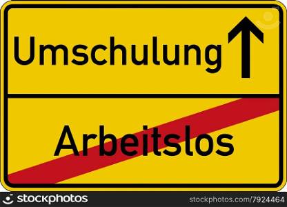 The German words for unemployed and retraining (arbeitslos and Umschulung) on a road sign