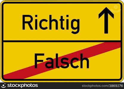 The German words for wrong and right (falsch and richtig) on a road sign