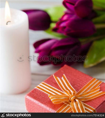 The giftbox arranged on the table in saint valentine holiday concept. Giftbox arranged on the table in saint valentine holiday concept