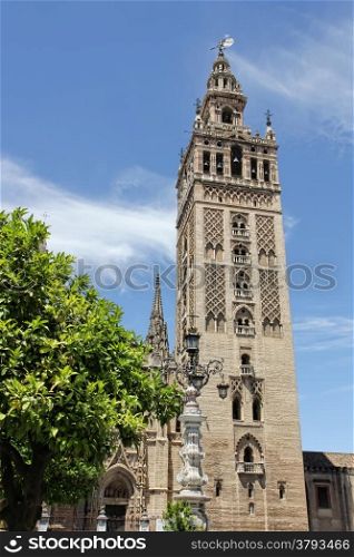 The Giralda, bell tower of Seville Cathedral, former minaret, Seville, Andalusia, Spain.