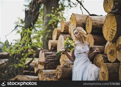 The girl among logs.. The girl in a dress in wood 3203.
