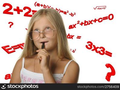 The girl and mathematical formulas. It is isolated on a white background