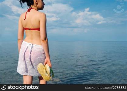 The girl in a bathing suit against the sea. A back photo