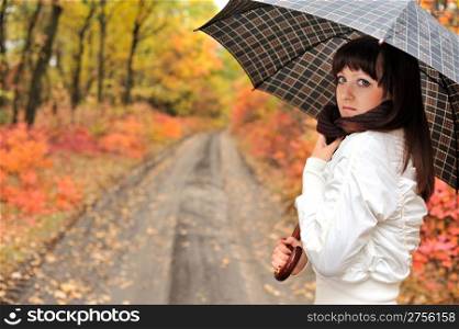 The girl in an autumn wood with a umbrella. The European appearance
