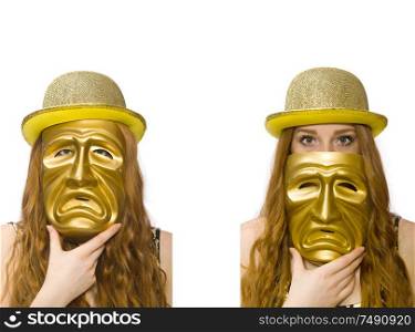 The girl in golden mask isolated on white. Girl in golden mask isolated on white