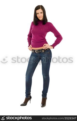 The girl in jeans and a sweater. Isolated on white