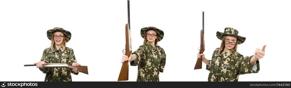 The girl in military uniform holding the gun isolated on white. Girl in military uniform holding the gun isolated on white