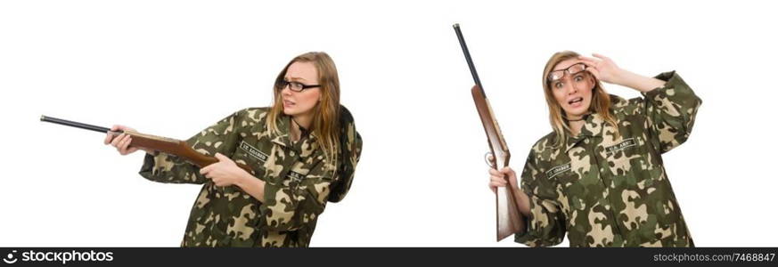 The girl in military uniform holding the gun isolated on white. Girl in military uniform holding the gun isolated on white