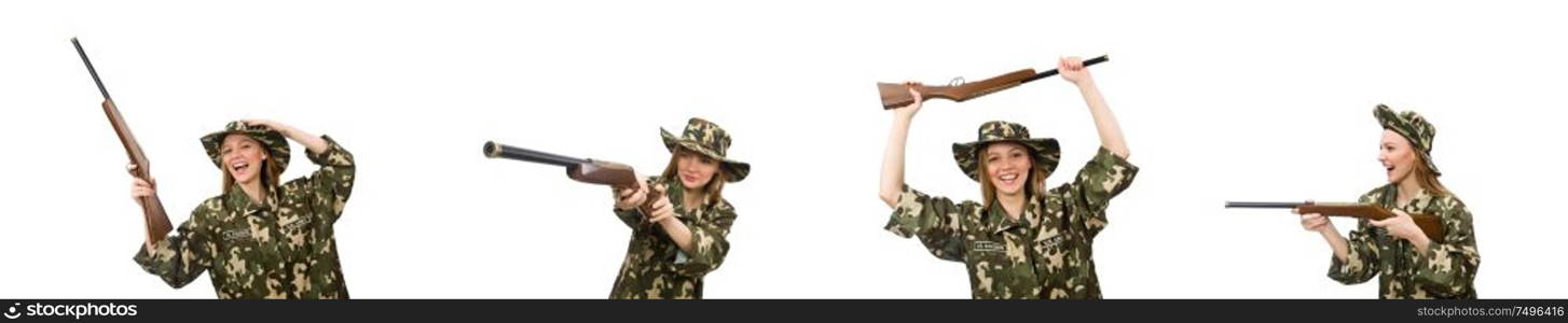 The girl in military uniform holding the gun isolated on white. Girl in military uniform holding the gun isolated on white