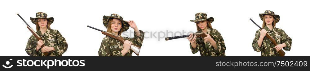 The girl in military uniform holding the gun isolated on white. Girl in military uniform holding the gun isolated on white