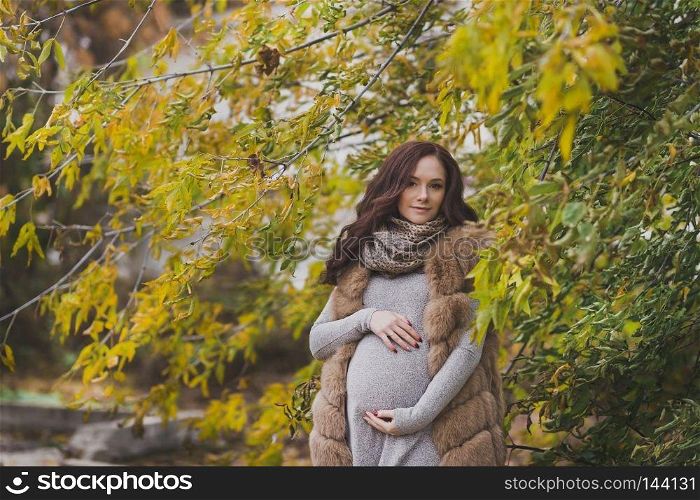 The girl on the last month of pregnancy walking in the fresh air.. Close-up portrait of a pregnant girl among the yellowing leaves of the tre