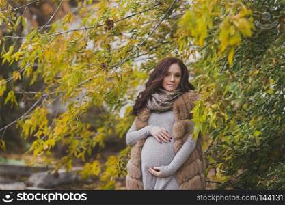 The girl on the last month of pregnancy walking in the fresh air.. Close-up portrait of a pregnant girl among the yellowing leaves of the tre