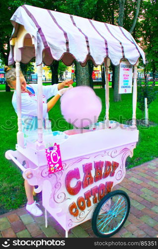 The girl sells sweet cotton wool in the city park. The girl works as a seller of sweet cotton wool in the city park