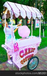 The girl sells sweet cotton wool in the city park. The girl works as a seller of sweet cotton wool in the city park
