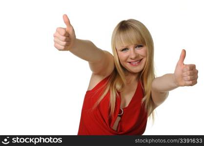 The girl thumbs up. Reaction of approval. It is isolated on a white background