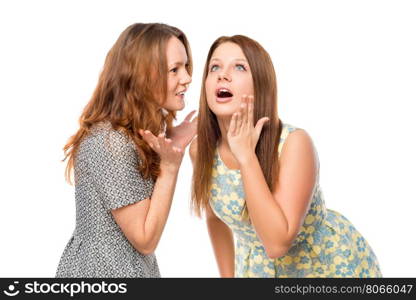 the girl told her friend shocking news on a white background