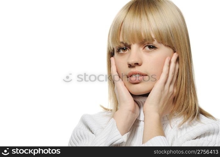 "The girl with hair of "wheaten" color. It is isolated on a white background"