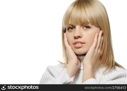 "The girl with hair of "wheaten" color. It is isolated on a white background"