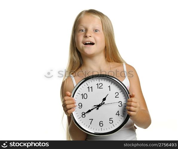 The girl with large clock. It is isolated on a white background