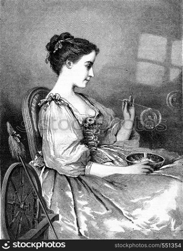 The Girl with soap bubble, vintage engraved illustration. Magasin Pittoresque 1867.