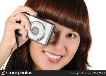 The girl with the camera on a white background. The Asian nationality