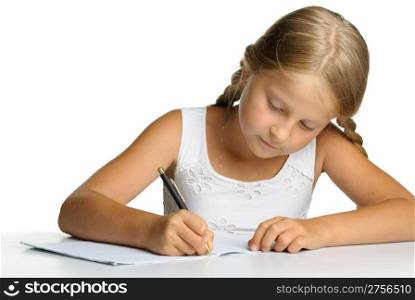 The girl writes to writing-books. The decision of lessons. It is isolated on a white background
