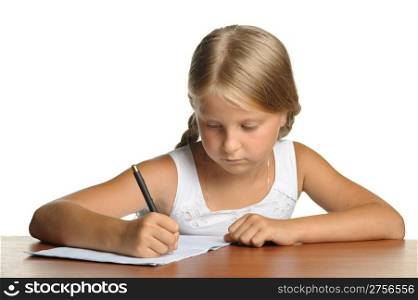 The girl writes to writing-books. The decision of lessons. It is isolated on a white background