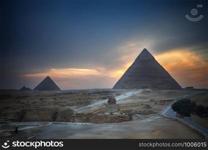 The Giza Pyramids and the Sphinx in the evening, Egypt.. The Giza Pyramids and the Sphinx in the evening, Egypt