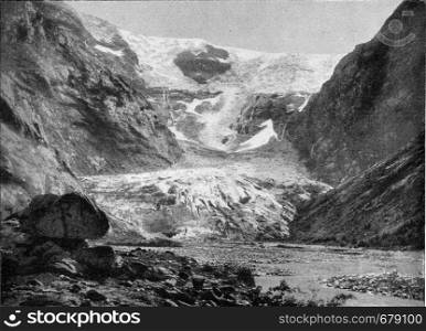 The glacier of Kjendalskrona, Norway, vintage engraved illustration. From the Universe and Humanity, 1910.