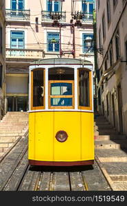 The Gloria Funicular in the city center of Lisbon in a beautiful summer day, Portugal