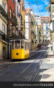 The Gloria Funicular in the city center of Lisbon, Portugal in a summer day