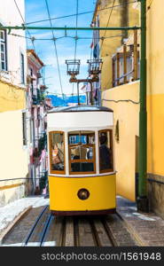 The Gloria Funicular in the city center of Lisbon, Portugal in a summer day