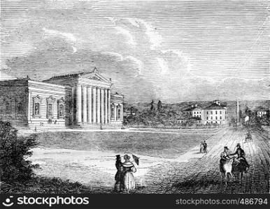 The Glyptothek, sculpture museum, in Munich, vintage engraved illustration. Magasin Pittoresque 1836.