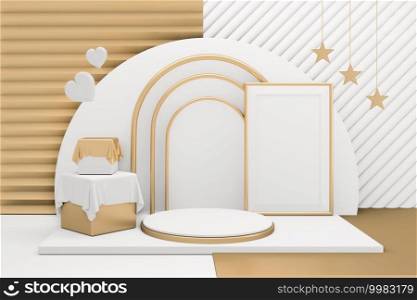 The Golden Podium minimal geometric white and gold style abstract.3D rendering