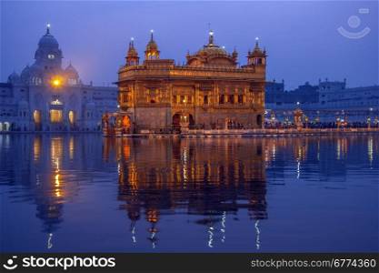 The Golden Temple or Harmandir Sahib in the city of Amritsar in the Punjab region of northwest India. The center of the Sikh faith and the site of its holiest shrine.